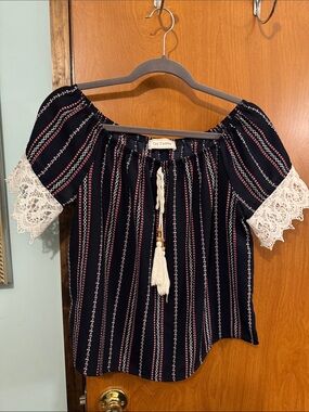 Navy Striped Off-Shoulder Top with Lace Sleeves